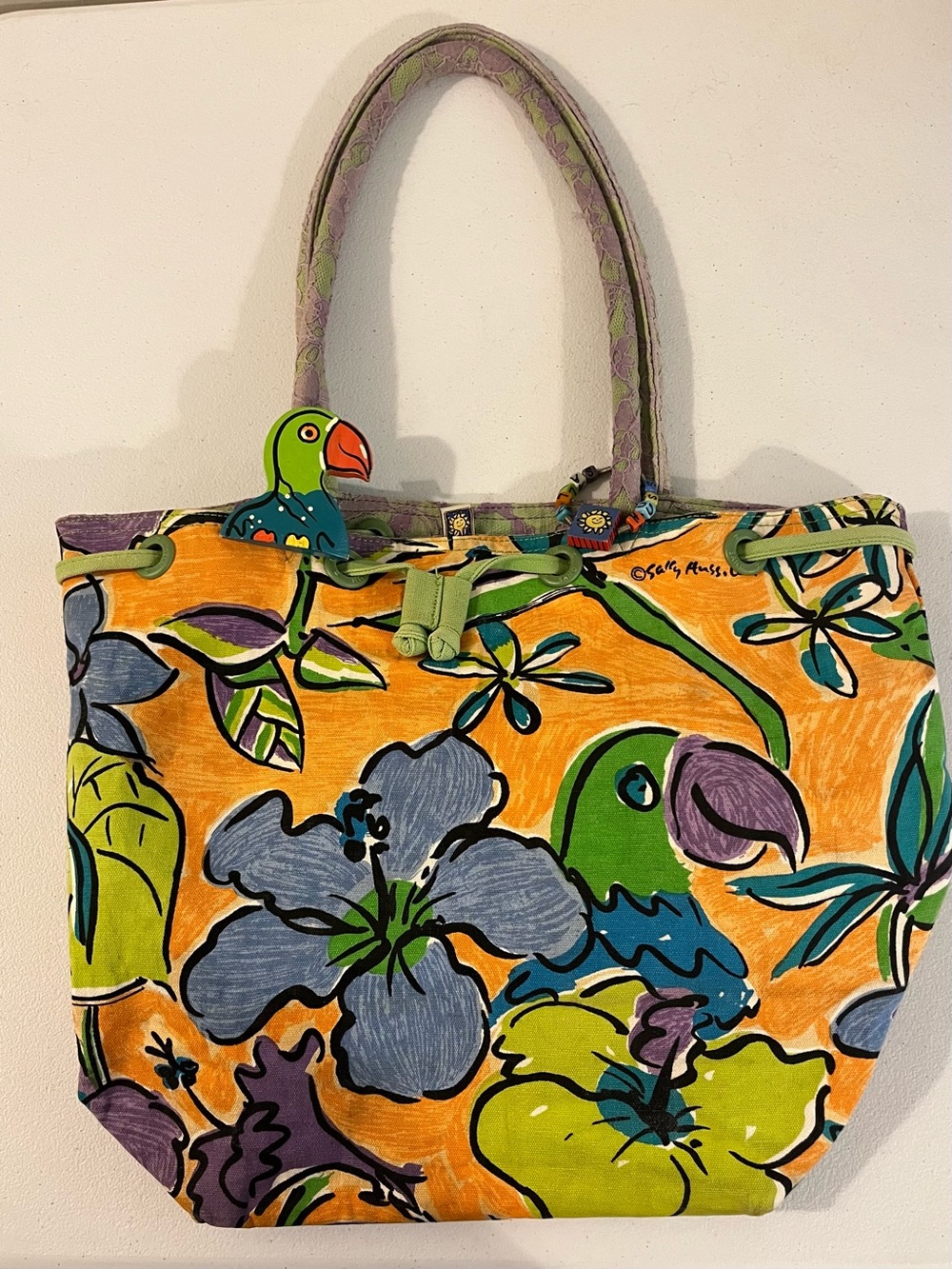 Canvas Beach Tote Bag by Sally Huss Vibrant Tropical Pattern w/ Wooden Parrot